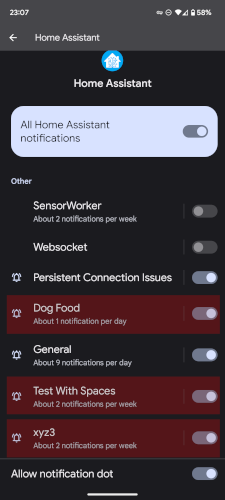 Android notification settings with junk entries